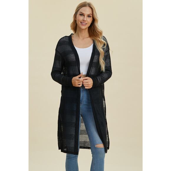 DOUBLE TAKE Black Open Work Lightweight Long Cardigan Sweater Long Sleeve NEW - Picture 1 of 9